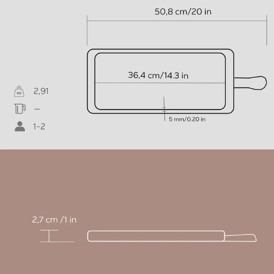 LAVA - 17 x 37 cm -es öntöttvas tálalótálca, fa alátéttel