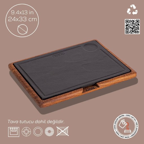 Tálaló tálaláshoz, öntöttvas, fa talppal, 24 x 33 cm - LAVA