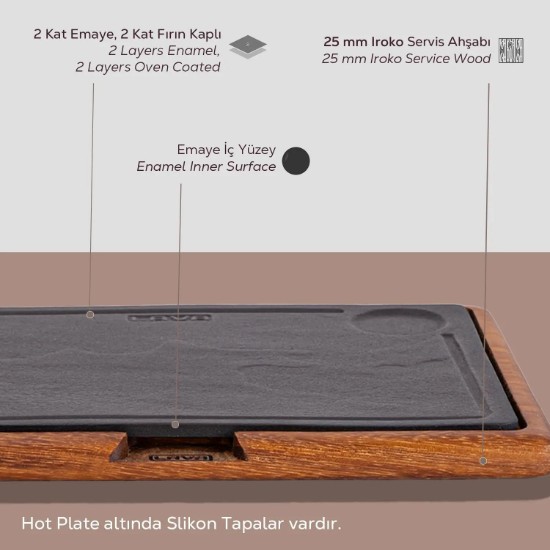 Tálaló tálaláshoz, öntöttvas, fa talppal, 24 x 33 cm - LAVA