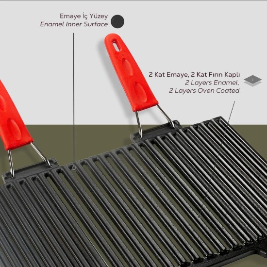 Grill, öntöttvas, szilikon fogantyúkkal, 40 x 25 cm - LAVA