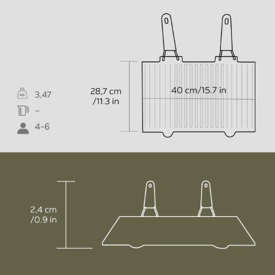 Grill, öntöttvas, szilikon fogantyúkkal, 40 x 25 cm - LAVA