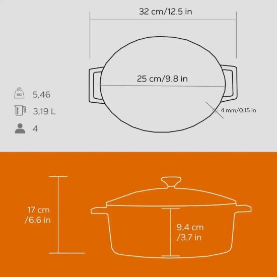 Ovális lábas, öntöttvas, 25 cm, <<Folk>>, narancssárga  - LAVA