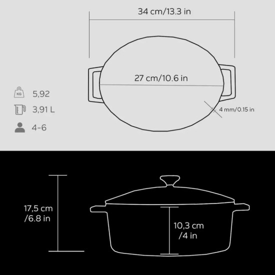 Ovális lábas, öntöttvas, 27 cm, "Folk", fekete - LAVA