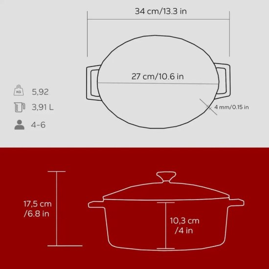 LAVA ovális öntvény lábas, 27cm/3,9L "Folk", Piros