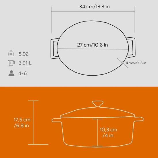 LAVA öntvény ovális lábas 27cm/3,9L "Folk", narancssárga