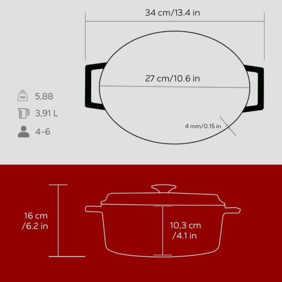 Ovális lábas, öntöttvas, "Trendy", 27 cm, piros - LAVA