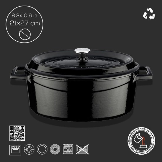 Ovális lábas, öntöttvas, 27 cm, "Trendy", fekete - LAVA