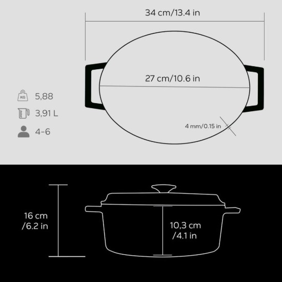 Ovális lábas, öntöttvas, 27 cm, "Trendy", fekete - LAVA