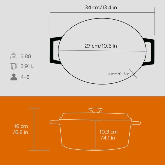 Ovális lábas, öntöttvas, 27cm/3.91L "Trendy", narancssárga - LAVA