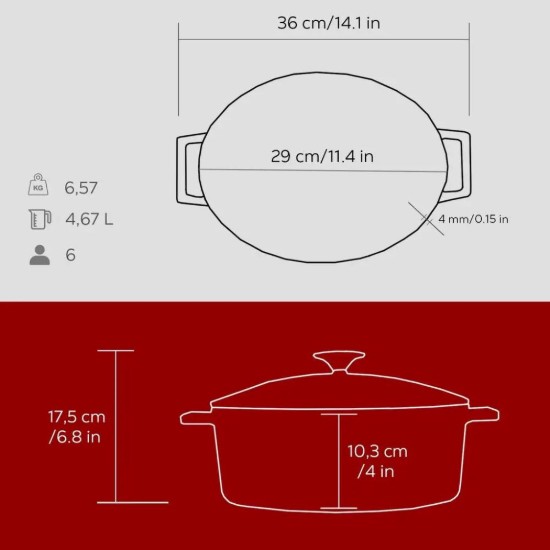 LAVA öntvény ovális lábas, 29cm/4,67L, "Folk", piros