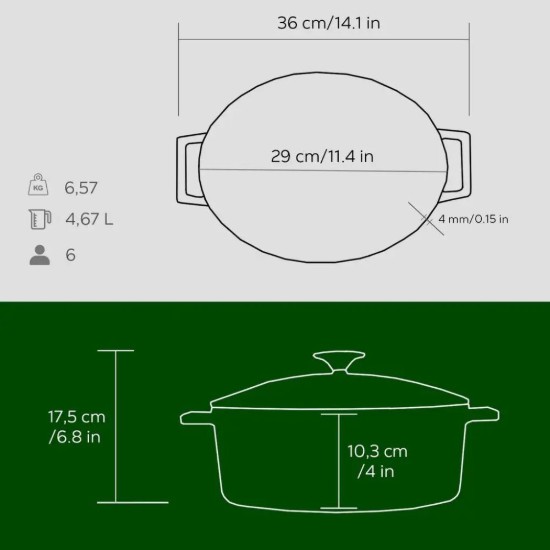 LAVA ovális öntvény lábas, 29cm/4,67L "Folk", zöld