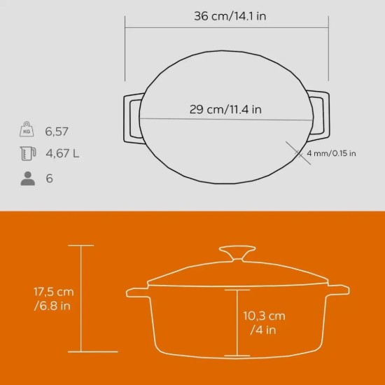 LAVA ovális öntvény lábas, 29cm/4,67L "Folk", narancs