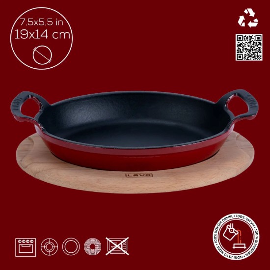 Ovális öntöttvas edény, 19 x 14 cm, fából készült állványral - LAVA