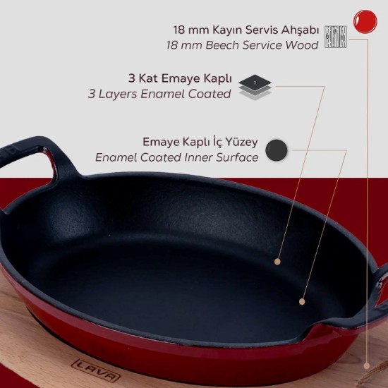 Ovális öntöttvas edény, 19 x 14 cm, fából készült állványral - LAVA