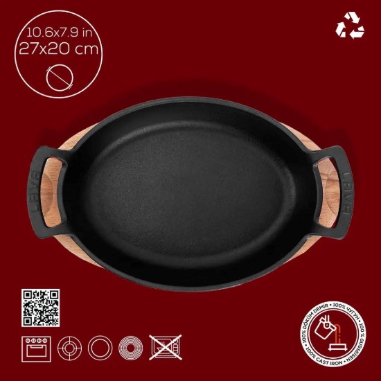 Öntöttvas ovális edény, 27 x 20 cm, faállvánnyal, piros - LAVA márka