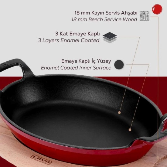 Öntöttvas ovális edény, 27 x 20 cm, faállvánnyal, piros - LAVA márka