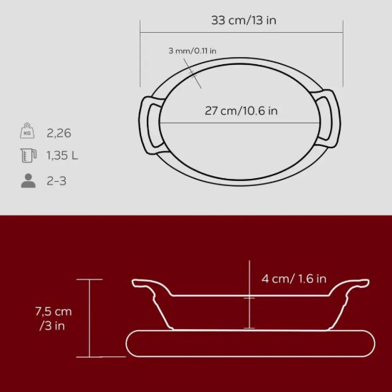 Öntöttvas ovális edény, 27 x 20 cm, faállvánnyal, piros - LAVA márka