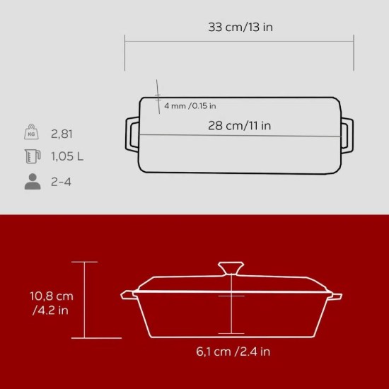 Lava ~   8.5 X 26.5 x 6 cm-es piros terrine edény, öntvény