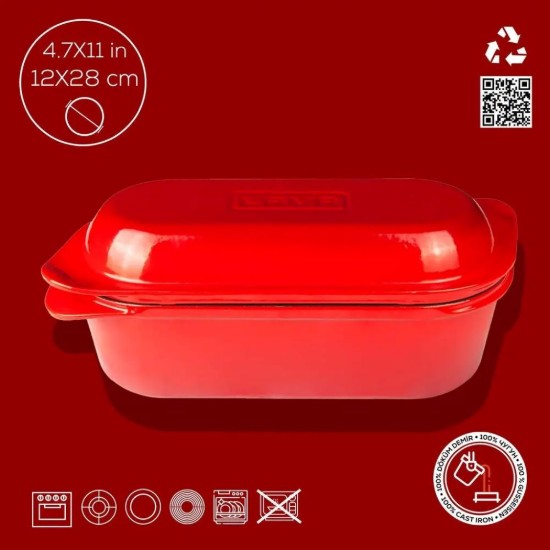 LAVA ~ Piros – 28x12 cm-es öntöttvas kenyérsütő forma fedővel