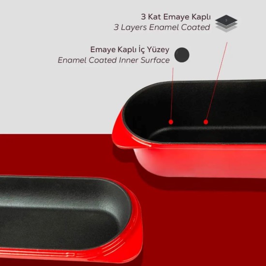 LAVA ~ Piros – 28x12 cm-es öntöttvas kenyérsütő forma fedővel