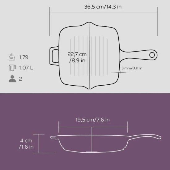 Grillserpenyő, öntöttvas, 19,5 x 19,5 cm, lila – LAVA