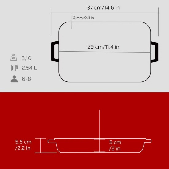 LAVA - Öntöttvas tálca, 29 x 21 cm, piros