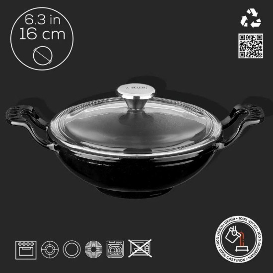 Wok serpenyő üveg fedővel, öntöttvas, 16cm, fekete - LAVA