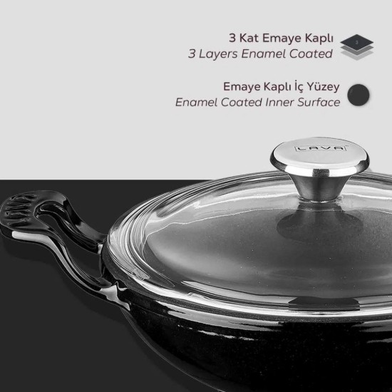 Wok serpenyő üveg fedővel, öntöttvas, 16cm, fekete - LAVA