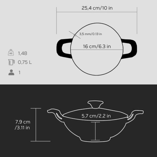 Wok serpenyő üveg fedővel, öntöttvas, 16cm, fekete - LAVA