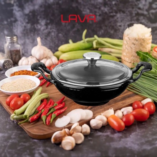 Wok serpenyő üveg fedővel, öntöttvas, 16cm, fekete - LAVA