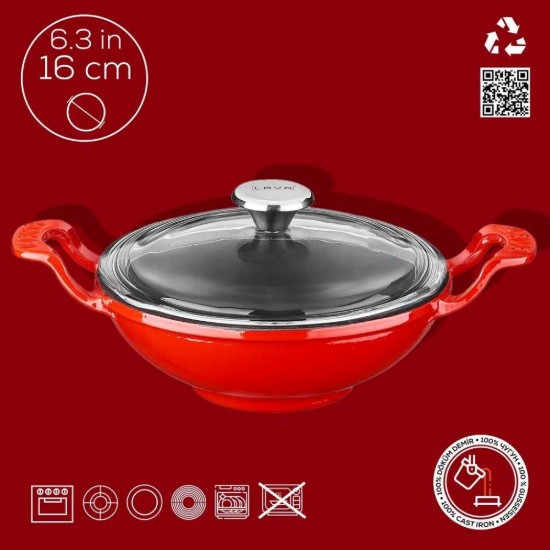 Wok serpenyő üvegfedővel, öntöttvas, 16cm, piros - LAVA