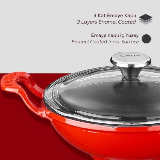 Wok serpenyő üvegfedővel, öntöttvas, 16cm, piros - LAVA