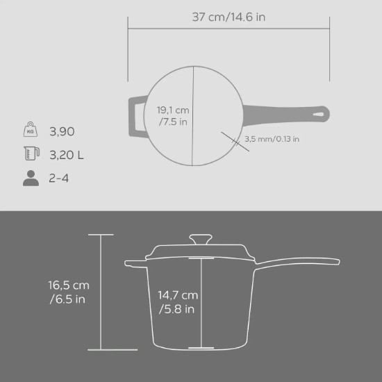 Öntöttvas szószos lábas,  18 cm, "Prémium", szürke - LAVA