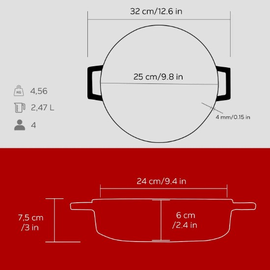 LAVA ~ Piros - 24 cm / 2.47 literes "Trendy" -  Öntöttvas lábas