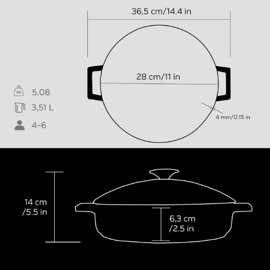 Lava öntvény lábas  28 cm, fekete