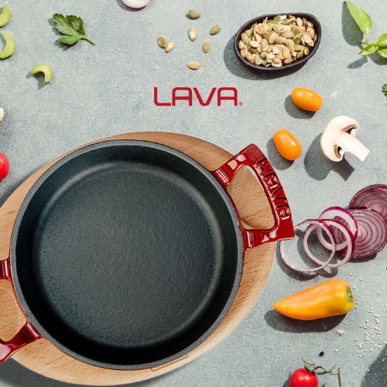 Kerek öntöttvas edény, 20 cm, fa állvánnyal, piros - LAVA