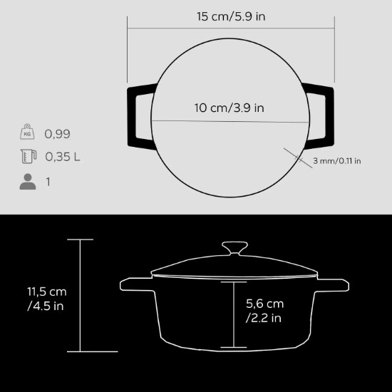 Lava öntvény lábas, 10cm/0,35L, "Folk", fekete