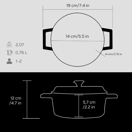 Lava öntvény lábas  14 cm, fekete