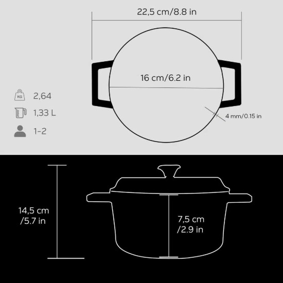 LAVA öntvény lábas, 16cm/1,33L "Trendy", fekete