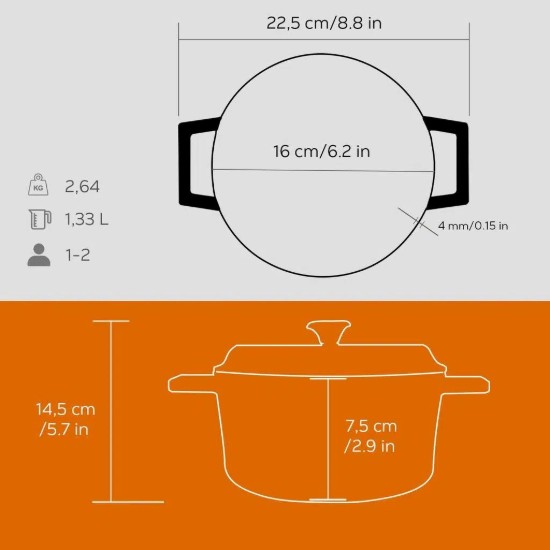 LAVA öntvény lábas, 16cm/1,33L, "Trendy", narancssárga