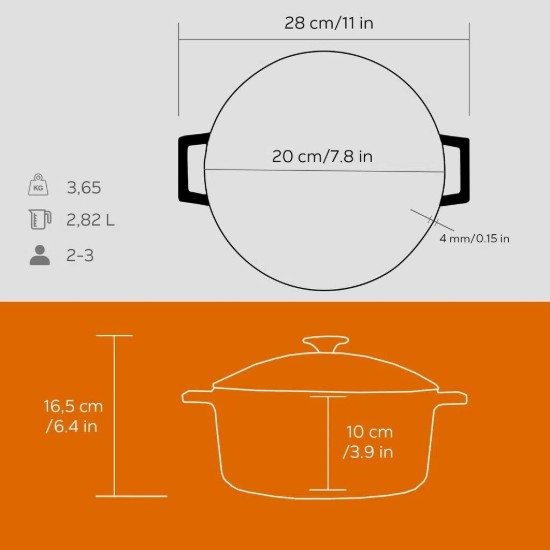 Öntöttvas lábas, 20cm/2,82L "Glaze", Narancsszín - LAVA