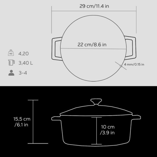 LAVA öntvény lábas, 22 cm/3,4 L, "Folk", Fekete