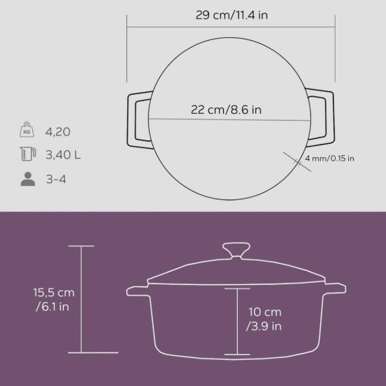 LAVA öntvény lábas, 22cm/3,4L "Folk", Lila