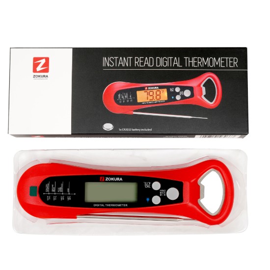 Digitális konyhai hőmérő beépített üvegnyitóval, piros - Zokura