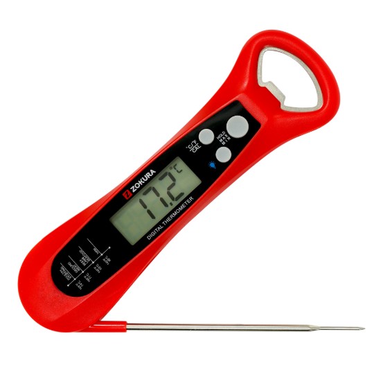 Digitális konyhai hőmérő beépített üvegnyitóval, piros - Zokura
