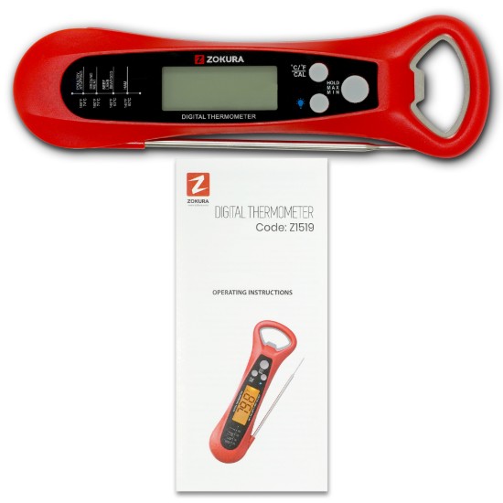 Digitális konyhai hőmérő beépített üvegnyitóval, piros - Zokura