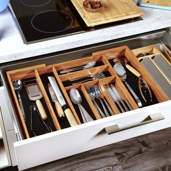 Bővíthető evőeszköztálca, bambusz, 43 x 35 - 57 cm - Kesper