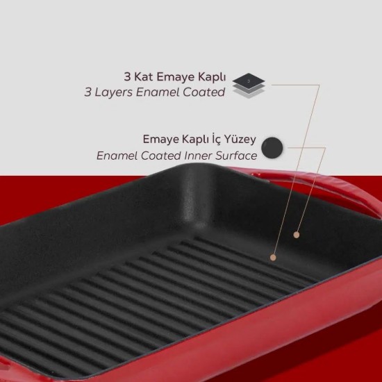 Grillserpenyő, öntöttvas, 22 x 32 cm, piros - LAVA