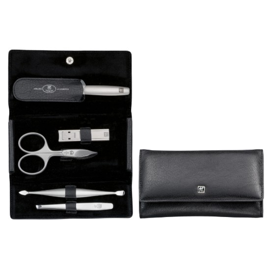 5 részes manikűr szett, szatén rozsdamentes acél, fekete bőrtok, PREMIUM - Zwilling