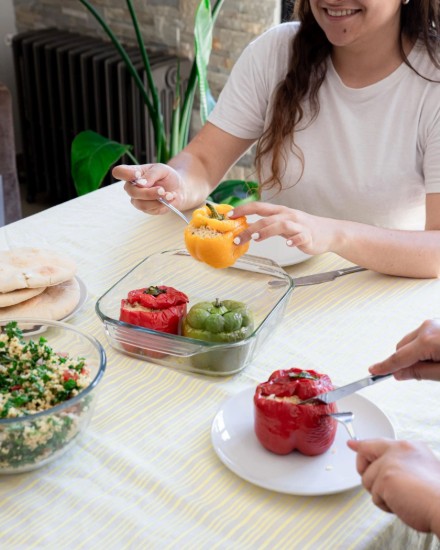 Hőálló üvegből készült, négyzet alakú tál, 22 x 22 cm / 2,4 l, "Let's Share" - Pyrex